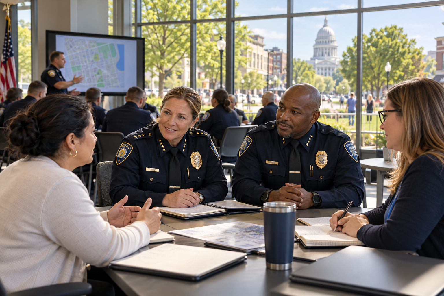 Illustration of police leaders collaborating with community members, with professional training and the Wisconsin State Capitol in the background