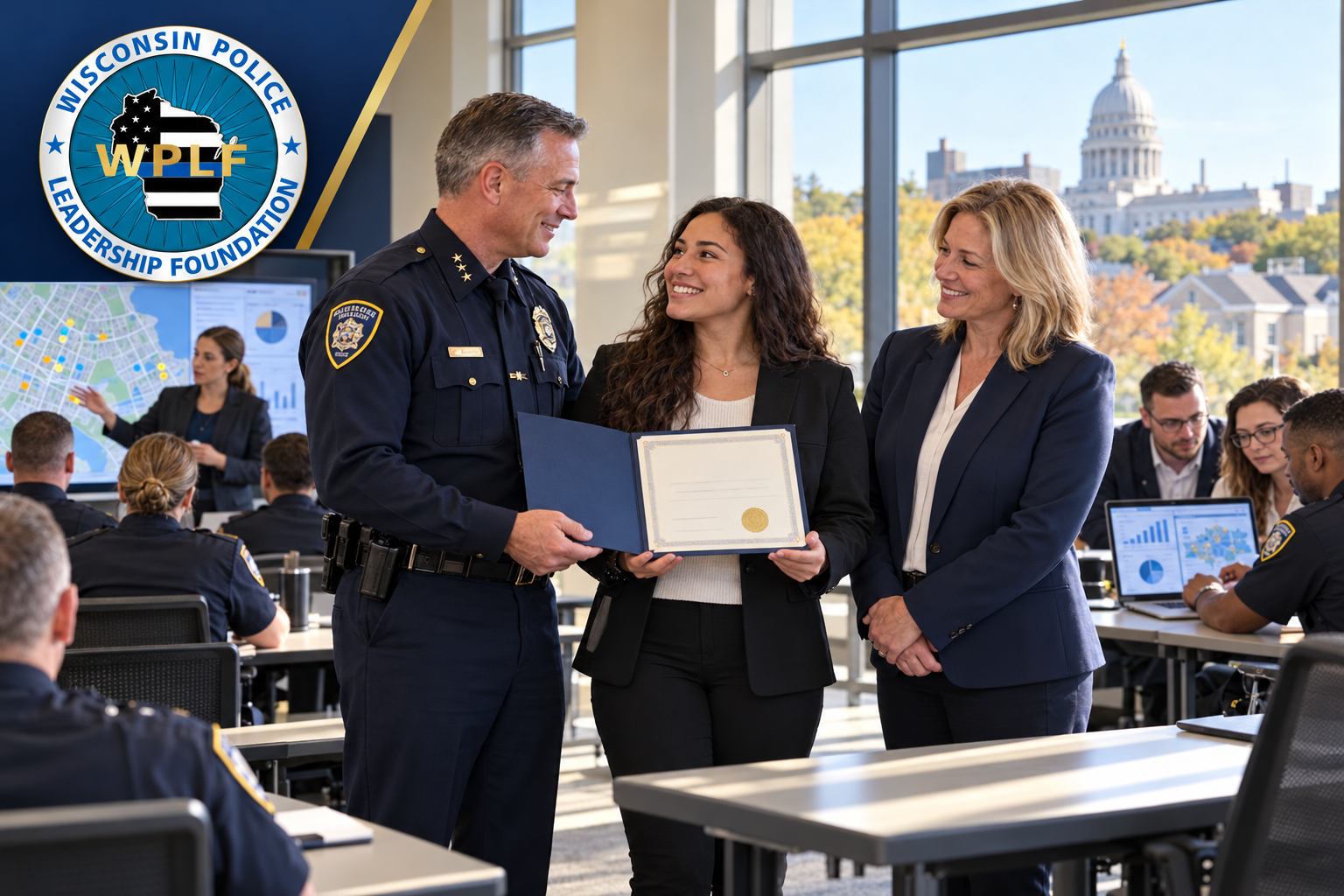WPLF illustration depicting scholarship support, professional education, and public safety research